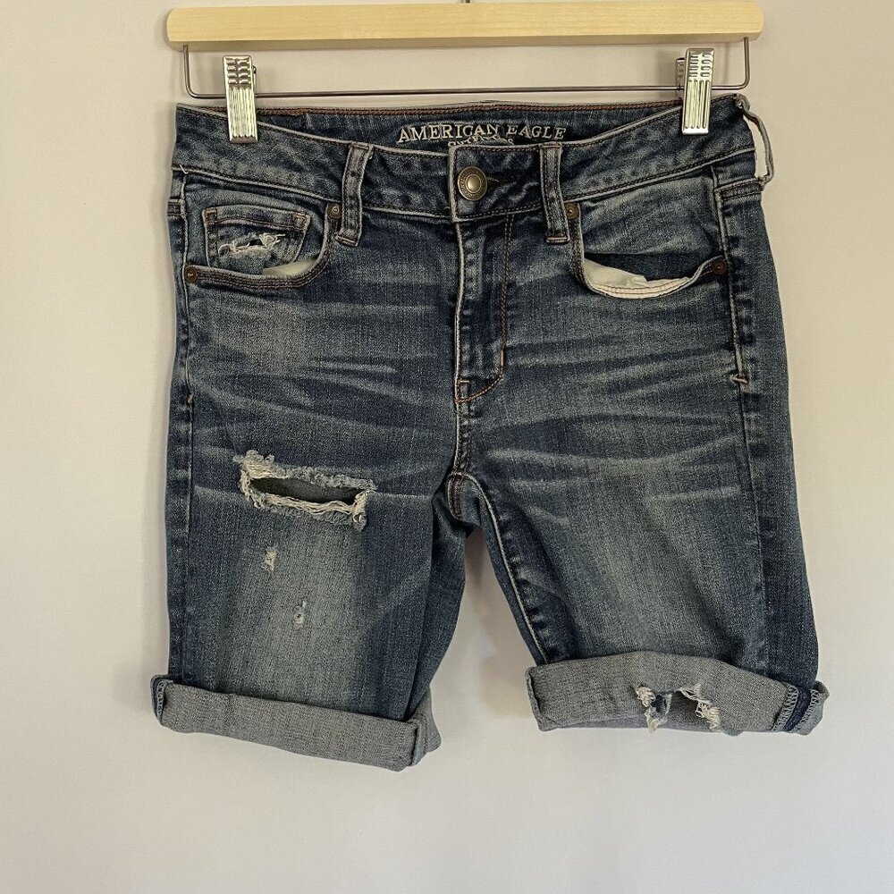 American Eagle blue denim jeans ripped cutoff summer style super stretch X‎